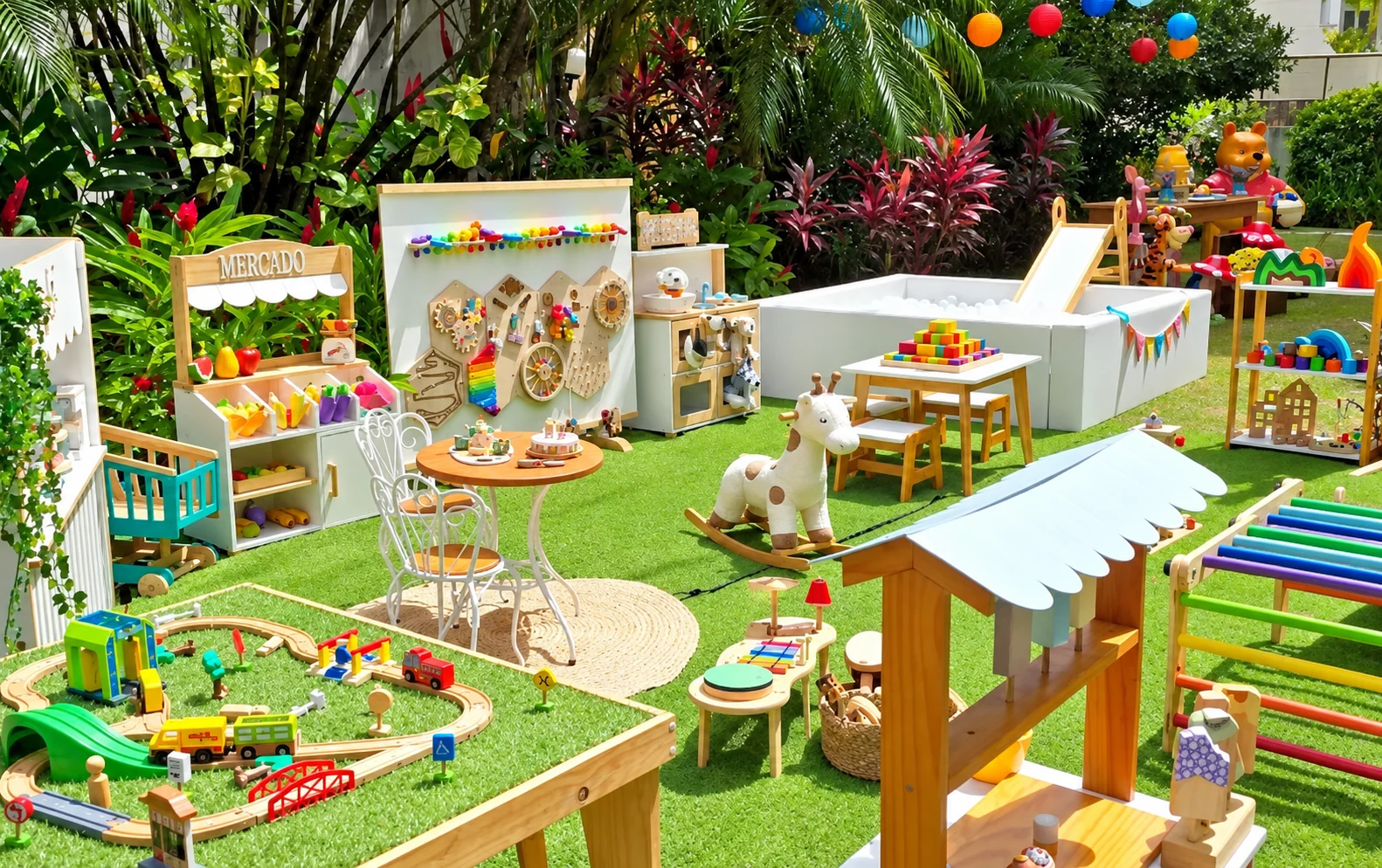 Brinquedoteca da Tribo montada em uma festa de aniversário no jardim